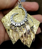 Shiny Metallic Gold Diamond Shaped Real Leather Earrings with Silver Chandelier with Glass Bead Dangles