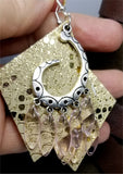Shiny Metallic Gold Diamond Shaped Real Leather Earrings with Silver Chandelier with Glass Bead Dangles