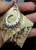 Shiny Metallic Gold Diamond Shaped Real Leather Earrings with Silver Chandelier with Glass Bead Dangles