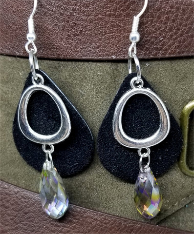 Black Teardrop Suede Leather Earrings with Round Charms and a Large Crystal Briolette Dangle