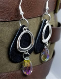 Black Teardrop Suede Leather Earrings with Round Charms and a Large Crystal Briolette Dangle