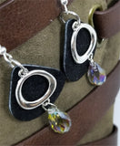 Black Teardrop Suede Leather Earrings with Round Charms and a Large Crystal Briolette Dangle