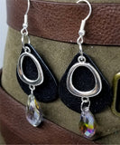 Black Teardrop Suede Leather Earrings with Round Charms and a Large Crystal Briolette Dangle