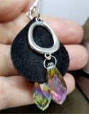 Black Teardrop Suede Leather Earrings with Round Charms and a Large Crystal Briolette Dangle
