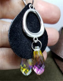 Black Teardrop Suede Leather Earrings with Round Charms and a Large Crystal Briolette Dangle