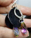 Black Teardrop Suede Leather Earrings with Round Charms and a Large Crystal Briolette Dangle