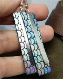 Long Rectangle Mermaid Scales Leather Earrings with Long Silver Charms