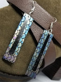 Long Rectangle Mermaid Scales Leather Earrings with Long Silver Charms