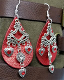 Metallic Red Real Leather Earrings with Silver Chandelier with Crystal Charm Dangles