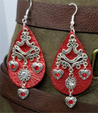 Metallic Red Real Leather Earrings with Silver Chandelier with Crystal Charm Dangles