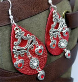 Metallic Red Real Leather Earrings with Silver Chandelier with Crystal Charm Dangles