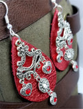 Metallic Red Real Leather Earrings with Silver Chandelier with Crystal Charm Dangles