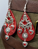 Metallic Red Real Leather Earrings with Silver Chandelier with Crystal Charm Dangles