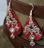 Metallic Red Real Leather Earrings with Silver Chandelier with Crystal Charm Dangles