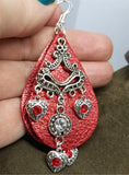 Metallic Red Real Leather Earrings with Silver Chandelier with Crystal Charm Dangles