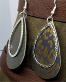 Bronze Leopard Print Teardrop Shaped Leather Earrings with a Silver Charm Overlay