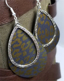Bronze Leopard Print Teardrop Shaped Leather Earrings with a Silver Charm Overlay