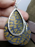 Bronze Leopard Print Teardrop Shaped Leather Earrings with a Silver Charm Overlay