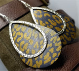 Bronze Leopard Print Teardrop Shaped Leather Earrings with a Silver Charm Overlay