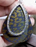 Bronze Leopard Print Teardrop Shaped Leather Earrings with a Silver Charm Overlay