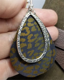 Bronze Leopard Print Teardrop Shaped Leather Earrings with a Silver Charm Overlay
