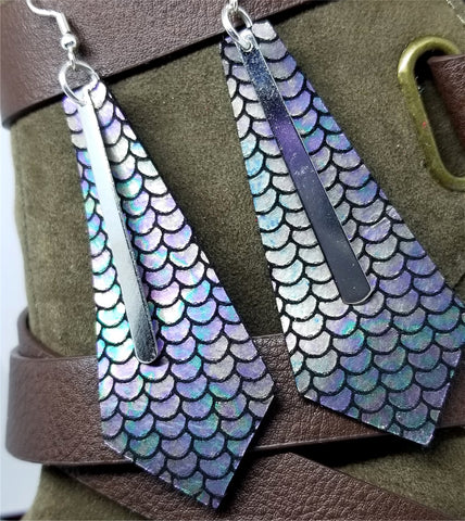 Tie Shaped Mermaid Scales Leather Earrings with Long Silver Charms