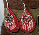 Metallic Red Real Leather Earrings with Silver Chandelier with Glass Bead Dangles