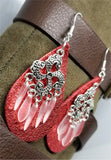 Metallic Red Real Leather Earrings with Silver Chandelier with Glass Bead Dangles