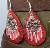 Metallic Red Real Leather Earrings with Silver Chandelier with Glass Bead Dangles