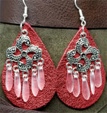Metallic Red Real Leather Earrings with Silver Chandelier with Glass Bead Dangles