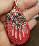 Metallic Red Real Leather Earrings with Silver Chandelier with Glass Bead Dangles