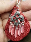 Metallic Red Real Leather Earrings with Silver Chandelier with Glass Bead Dangles