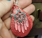 Metallic Red Real Leather Earrings with Silver Chandelier with Glass Bead Dangles