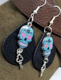 Black Teardrop Suede Leather Earrings with Blue Skull Charms and Silver Key Charm Dangles