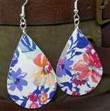 Colorful Flowered Tear Drop Shaped Real Leather Earrings