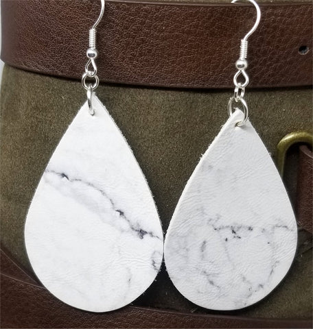 Marble Effect Tear Drop Shaped Real Leather Earrings
