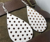 White Teardrop Shaped with Gold Polka Dots Real Leather Earrings
