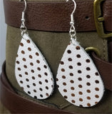 White Teardrop Shaped with Gold Polka Dots Real Leather Earrings