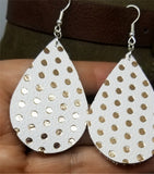 White Teardrop Shaped with Gold Polka Dots Real Leather Earrings