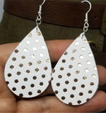 White Teardrop Shaped with Gold Polka Dots Real Leather Earrings