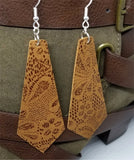 Tie Shaped Brown Real Leather Earrings with a Flowered Lace Pattern