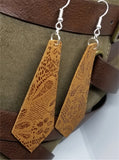 Tie Shaped Brown Real Leather Earrings with a Flowered Lace Pattern