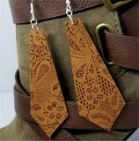 Tie Shaped Brown Real Leather Earrings with a Flowered Lace Pattern