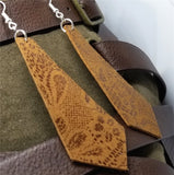 Tie Shaped Brown Real Leather Earrings with a Flowered Lace Pattern