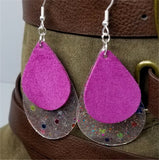 Fuchsia Suede Teardrops on Top of Glittering Acrylic Teardrop Shaped Earrings