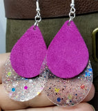 Fuchsia Suede Teardrops on Top of Glittering Acrylic Teardrop Shaped Earrings