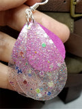 Fuchsia Suede Teardrops on Top of Glittering Acrylic Teardrop Shaped Earrings