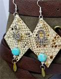 Shiny Metallic Gold Diamond Shaped Real Leather Earrings with Silver Chandelier, Magnesite, and Glass Bead Dangles