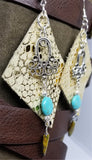Shiny Metallic Gold Diamond Shaped Real Leather Earrings with Silver Chandelier, Magnesite, and Glass Bead Dangles