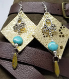 Shiny Metallic Gold Diamond Shaped Real Leather Earrings with Silver Chandelier, Magnesite, and Glass Bead Dangles